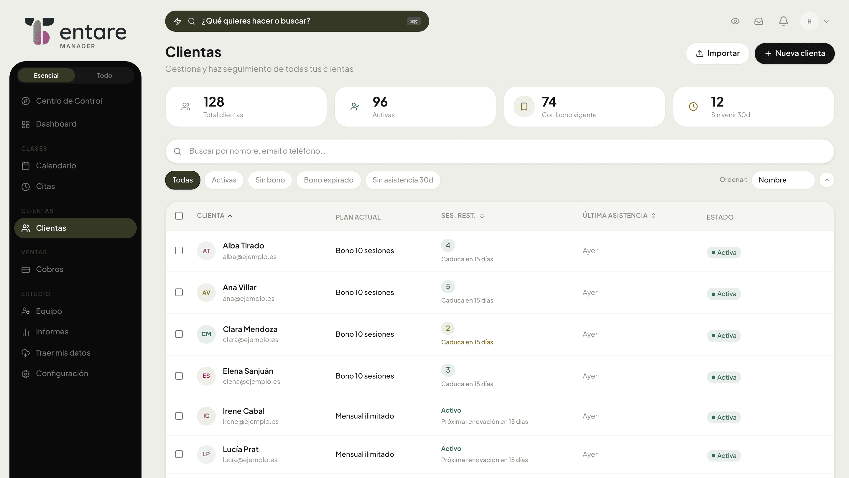 Listado de clientas en Tentare con su plan, sesiones restantes y última asistencia