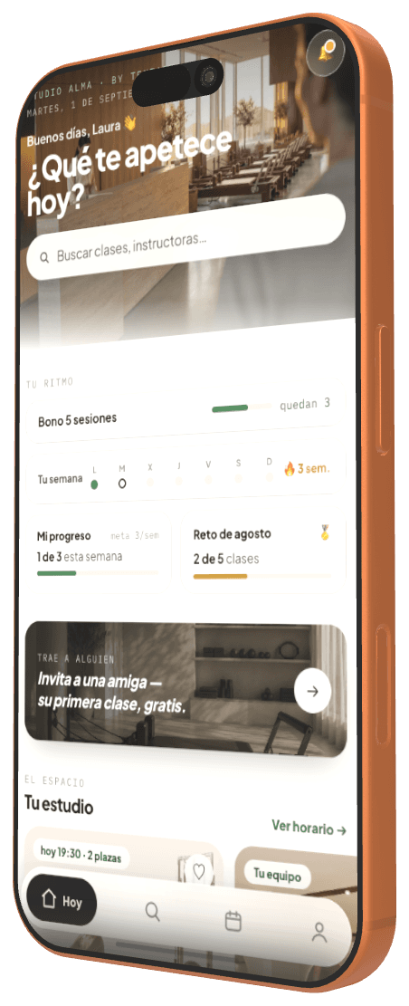 Pantalla de inicio de la app de alumnas de Tentare, con saludo, buscador, bono de sesiones, racha semanal y horario del estudio