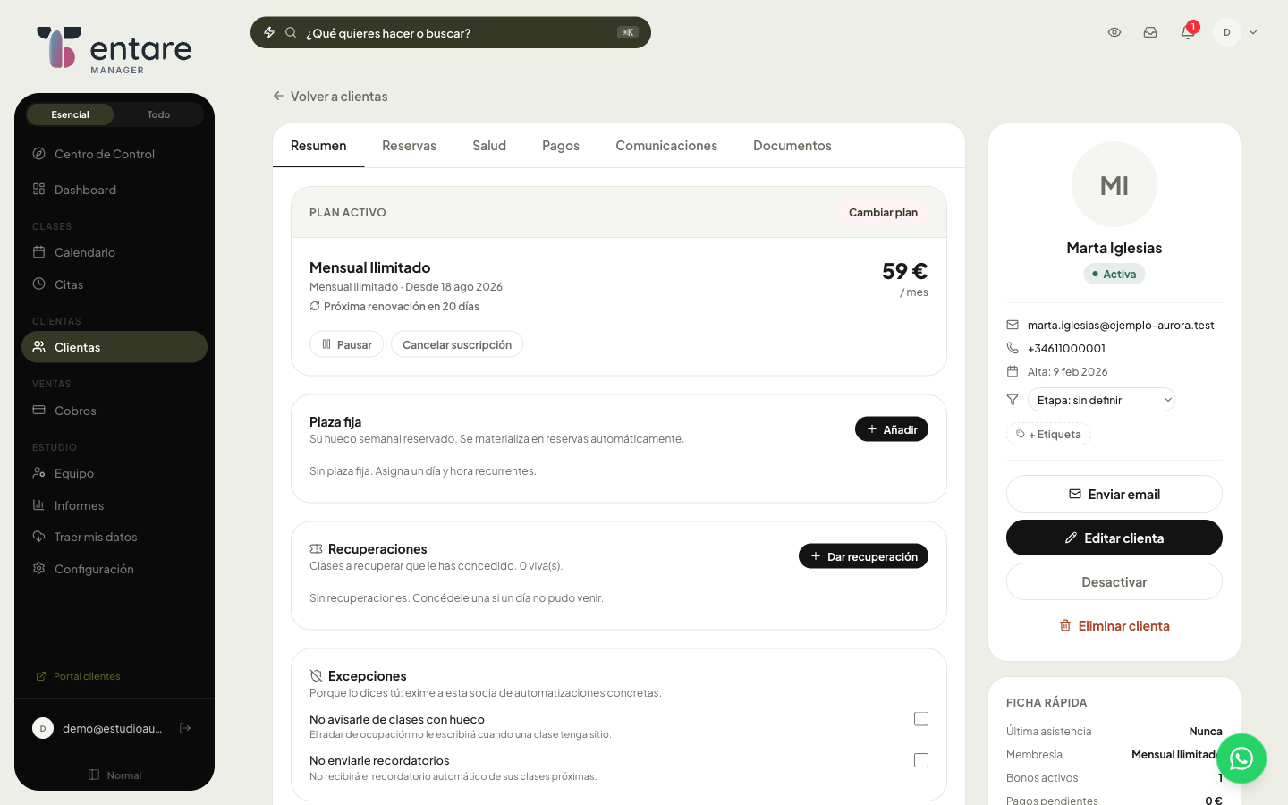 Ficha de una clienta: plan activo, plaza fija, recuperaciones y excepciones de automatizaciones