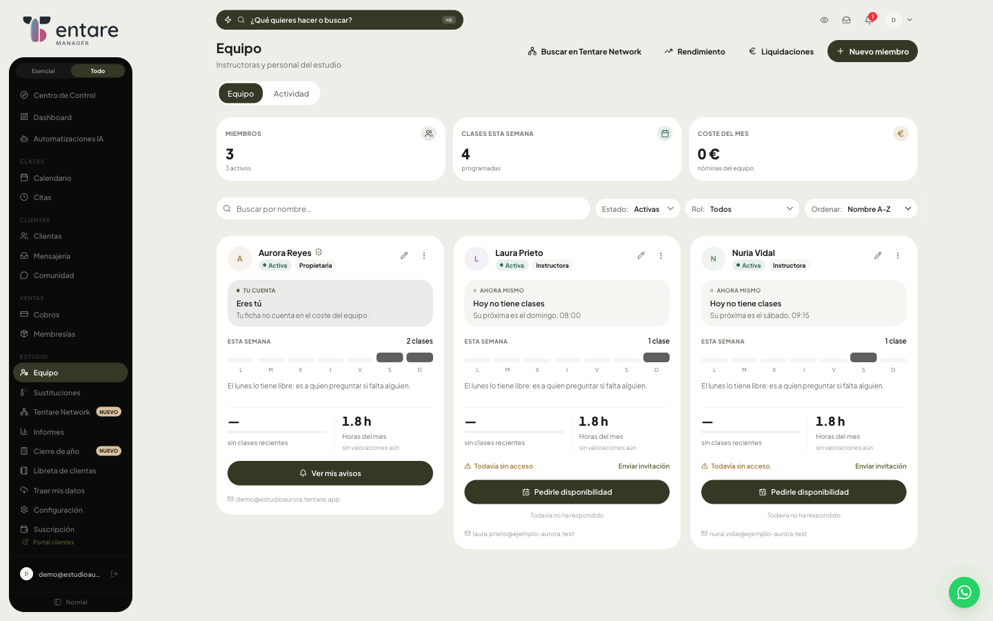 Pantalla de Equipo con la lista de miembros, filtro por rol (Propietaria, Responsable de sede, Recepción, Instructora) y botón Nuevo miembro