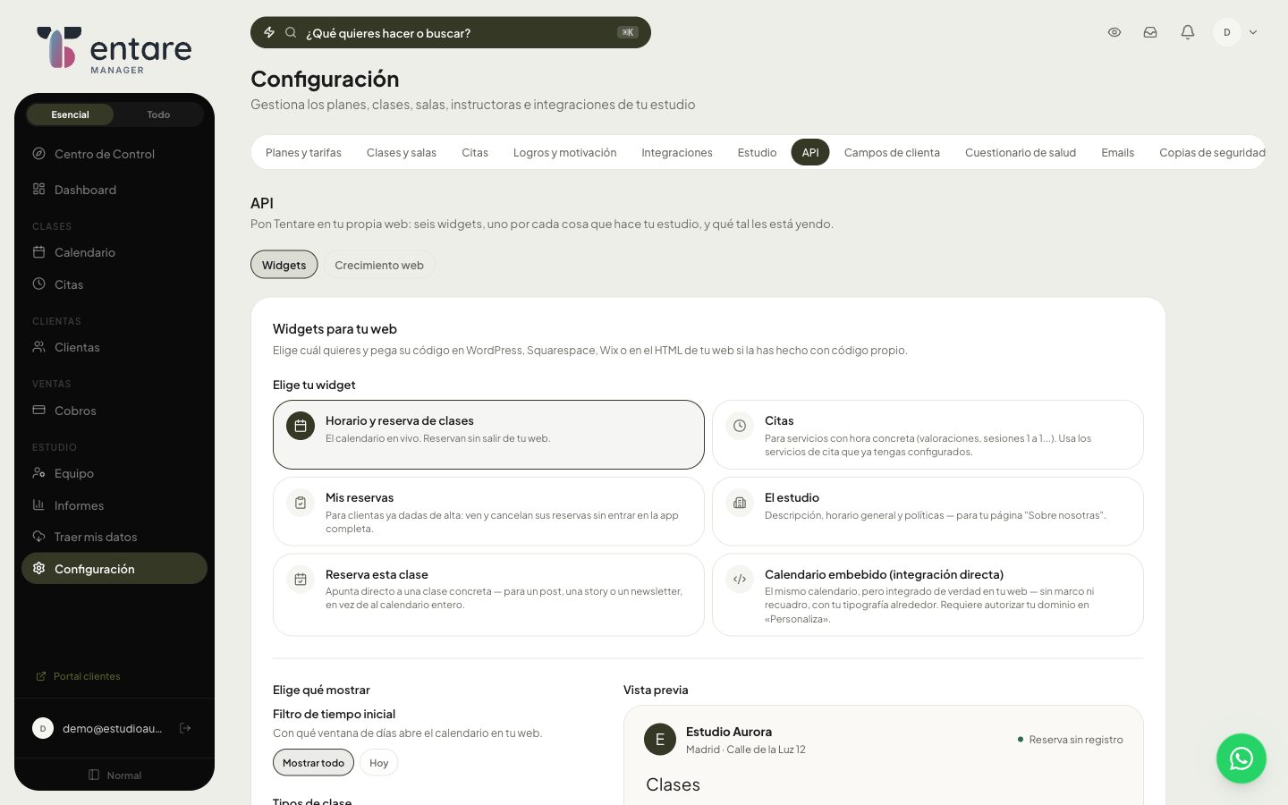 Configuración > API > Widgets: los seis tipos de widget disponibles, con vista previa en directo